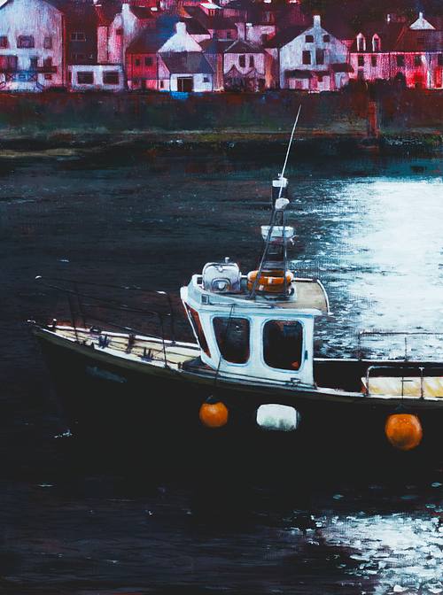 A boat leaving Staithes harbour at dawn