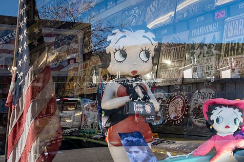 Historic route 66 storefront featuring Betty Boop, an Elvis photo and other vintage memorabilia