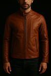 SKINS Odh : Leather Moto Jacket with Stand Collar (Cognac Brown)