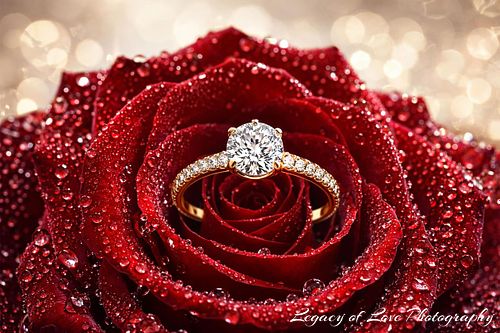 A brilliant diamond engagement ring resting inside a dew-covered red rose, captured by Legacy of Love Photography, the best engagement photographer in North Central Florida.