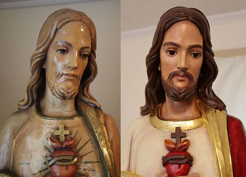 Sacred Heart statue's face before and after restoration