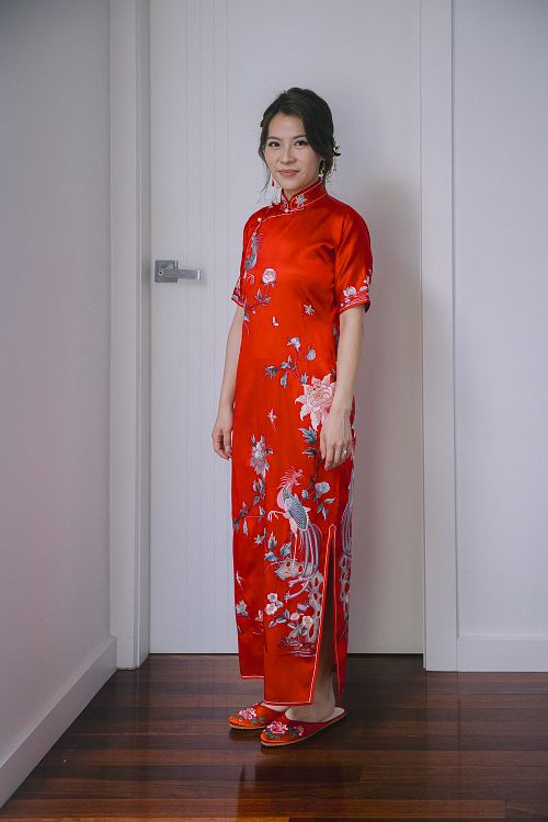 Chinese bride getting ready for traditional tea ceremony