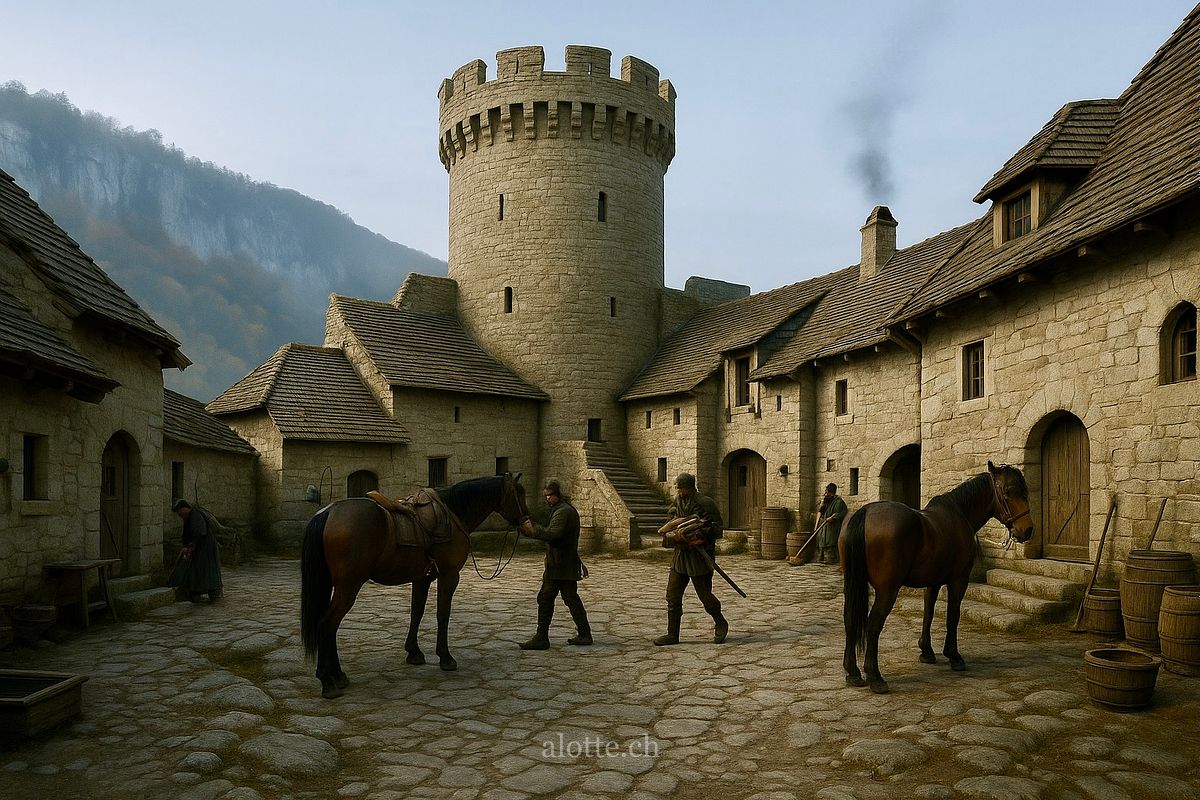 GenAI visualisation of Neu-Falkenstein Castle courtyard in medieval Switzerland | Martin Potter