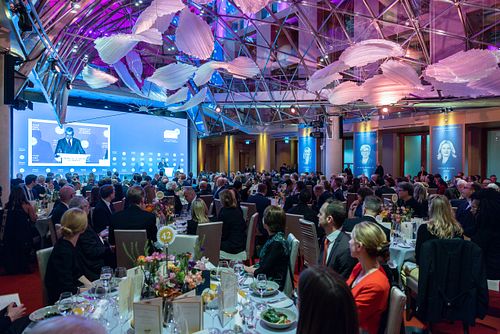 People gathered at the Axica Convention Centre in Berlin for a gala dinner.