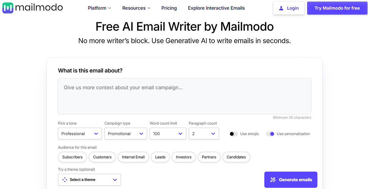 Mailmodo AI email writer