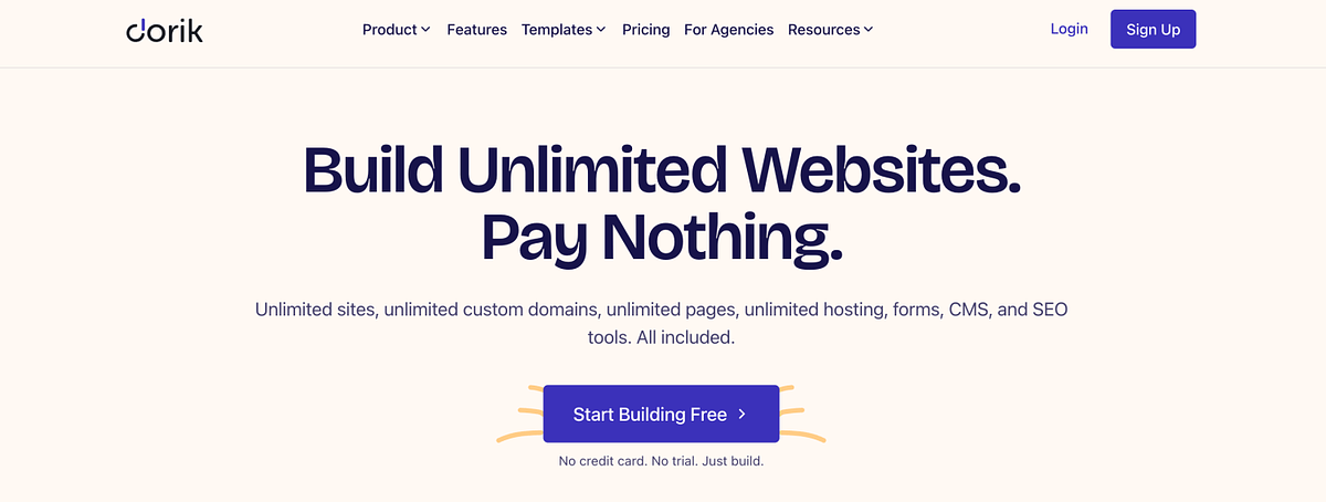 Dorik homepage showing the AI no-code website builder with SEO controls