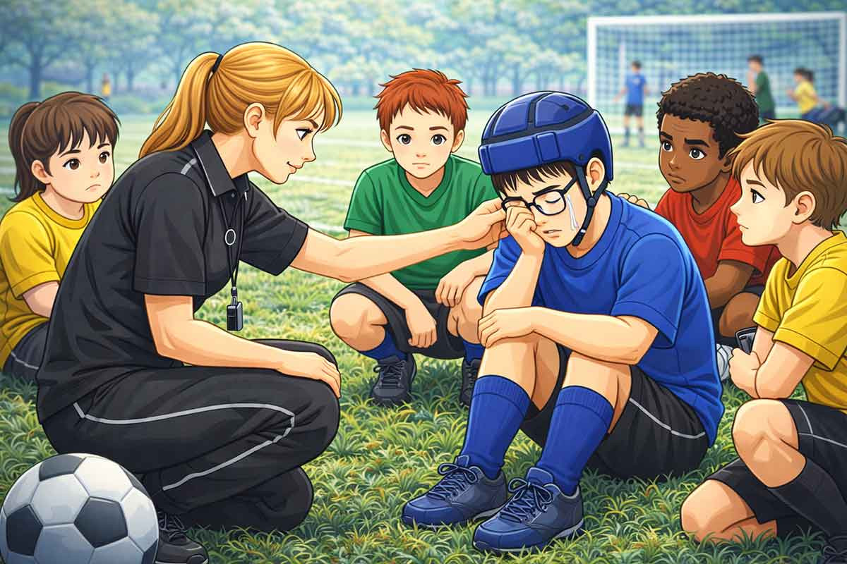 Trainerin kniet vor einem weinenden Kind mit Schutzhelm, spricht ruhig mit ihm, während andere Kinder im Halbkreis aufmerksam und unterstützend dabei sitzen.