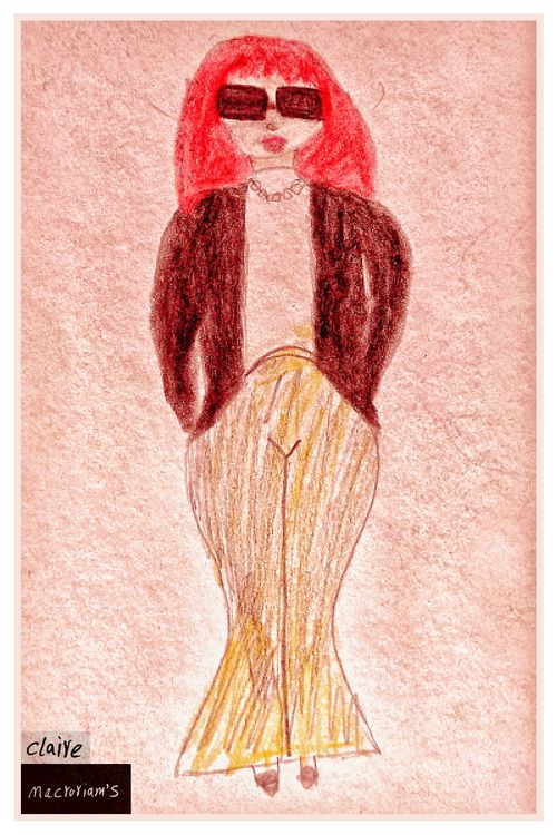 A drawing featuring a fashionable woman with striking red hair. She wears large sunglasses and a chic outfit combining a blazer with flared pants.