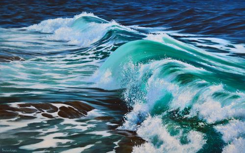 Acrylic painting of an emerald green wave with sunlight and foaming crests.